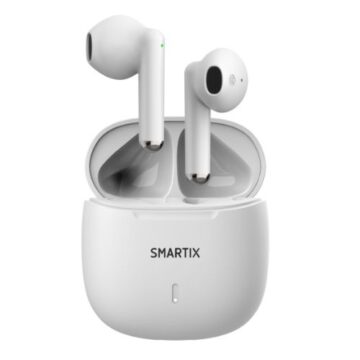 Auricolari wireless Atlantis Smartix FI9 bianchi fuori dalla custodia di ricarica