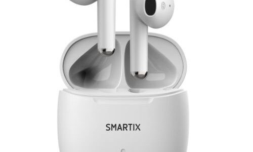 Auricolari wireless Atlantis Smartix FI9 bianchi fuori dalla custodia di ricarica