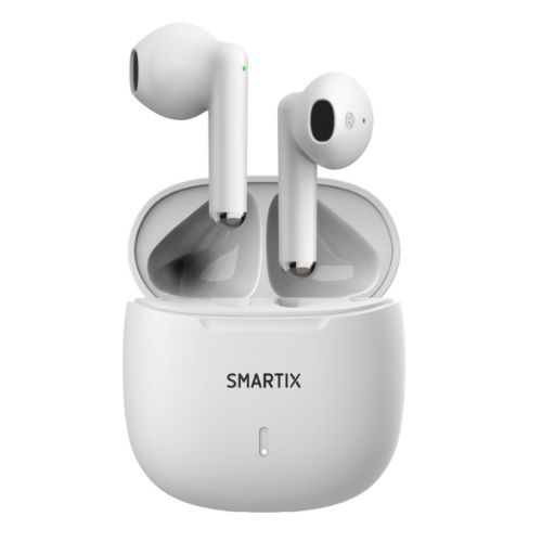 Auricolari wireless Atlantis Smartix FI9 bianchi fuori dalla custodia di ricarica