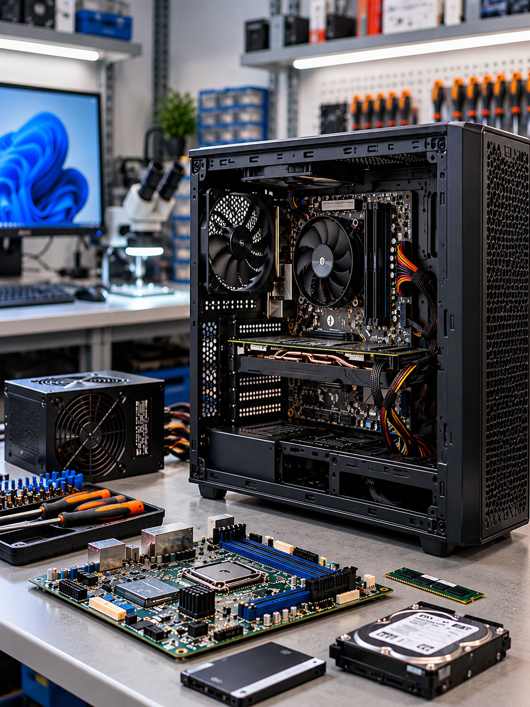 Computer desktop aperto sul banco di un laboratorio tecnico, con scheda madre e componenti per la riparazione